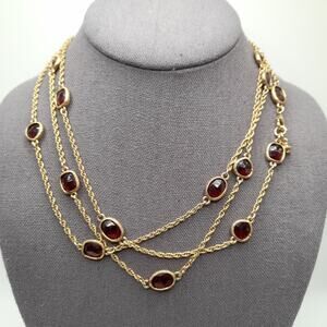 Monet Red Rhinestone Long Necklace, 54", Gold Tone Rope Chain